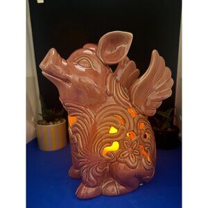 Ceramic Flying Pig LED Lantern With Floral Cutouts & Timer Mode Pink Battery Pow
